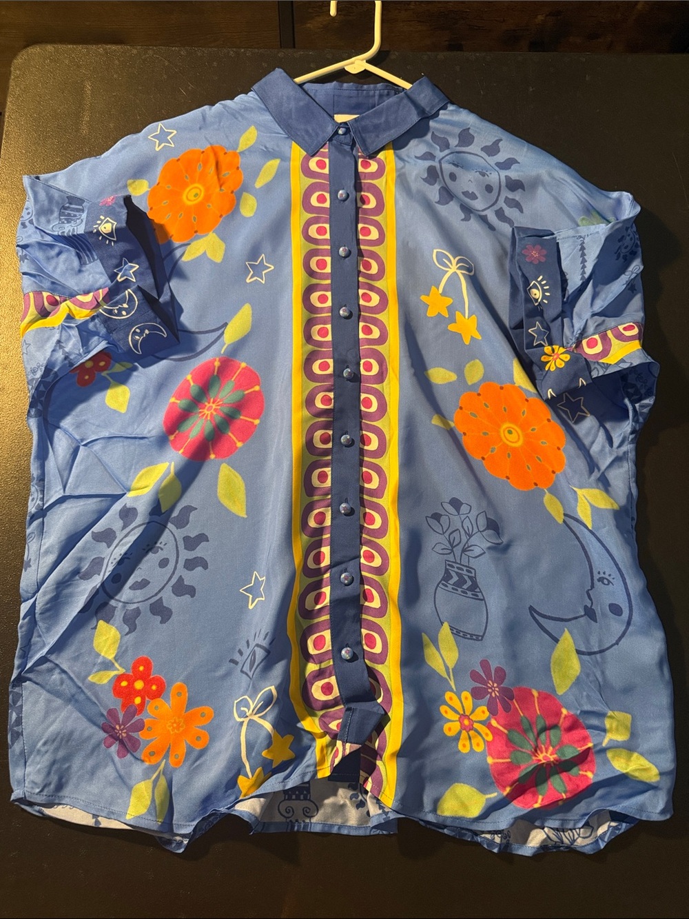 Johnny Was Blue Floral Button-Front Top with Orange & Pink Accents